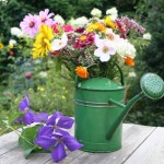 Blumenstrau in einer Giekanne auf rustikalem Holztisch