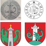 Bei der Anlehnung an das historische Siegel (o. l.) verschwand das Kreuz aus dem bisherigen Wappen (u. l.). Rechts Aktuelle Fassungen von Siegel und Wappen